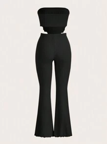 SHEIN EZwear Lettuce Trim Bandana Hem Crop Tube Top & Flare Leg Trousers - Black - View 2
