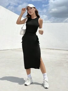 SHEIN EZwear Summer Outfit Cut Out Drawstring Side Split Thigh Black Dress