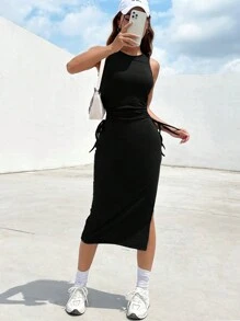 SHEIN EZwear Summer Outfit Cut Out Drawstring Side Split Thigh Black Dress