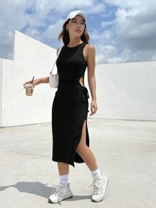 SHEIN EZwear Summer Outfit Cut Out Drawstring Side Split Thigh Black Dress