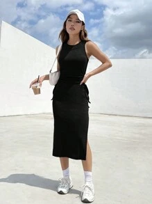 SHEIN EZwear Summer Outfit Cut Out Drawstring Side Split Thigh Black Dress