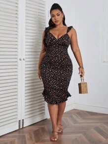 Dreamara Đầm Plus Size Lộ Lưng Xù Viên lá sen Họa tiết hoa Boho - Nhiều màu - Xem 5