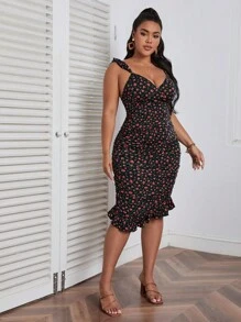 Dreamara Đầm Plus Size Lộ Lưng Xù Viên lá sen Họa tiết hoa Boho - Nhiều màu - Xem 1