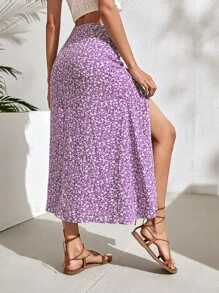 Chiquease 小碎花高衩半身裙 - 紫色 - 查看 2