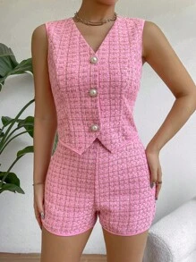 SHEIN Privé 格紋前紐扣馬甲西裝外套和短褲 - 粉色 - 查看 1