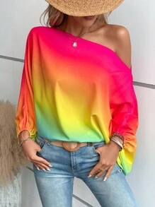 EMERY ROSE Ombre Asymmetrical Neck Batwing Sleeve Blouse One Shoulder Top Fall Cloth For Women - Multicolor - View 1