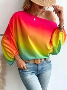 EMERY ROSE Ombre Asymmetrical Neck Batwing Sleeve Blouse One Shoulder Top Fall Cloth For Women - Multicolor - View 4