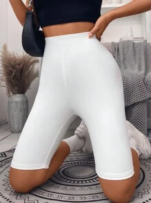 SHEIN ChicEase Solid High Waist Biker Shorts - White - View 1