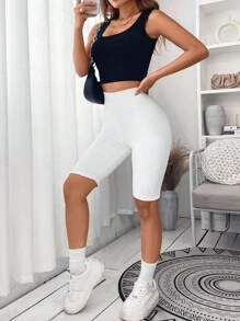 SHEIN ChicEase Solid High Waist Biker Shorts - White - View 4