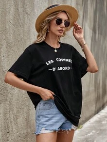 Cottnline 字母圖案落肩T恤 - 黑色 - 查看 4