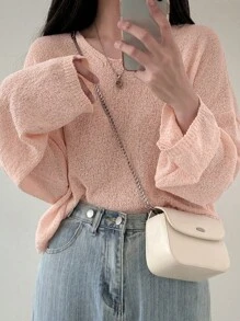 Chất rắn Thả vai Áo len Oversized - Màu Hồng baby - Xem 1