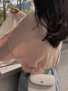 Chất rắn Thả vai Áo len Oversized - Màu Hồng baby - Xem 2
