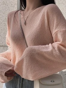 Chất rắn Thả vai Áo len Oversized - Màu Hồng baby - Xem 3