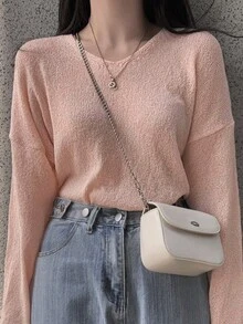 Chất rắn Thả vai Áo len Oversized - Màu Hồng baby - Xem 4