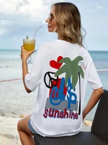 Cottnline Tropical And Letter Graphic Drop Shoulder Tee - أبيض - مشاهدة 1