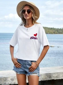 Cottnline Tropical And Letter Graphic Drop Shoulder Tee - أبيض - مشاهدة 2