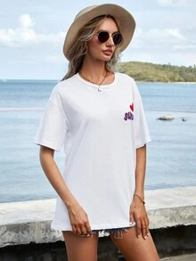 Cottnline Tropical And Letter Graphic Drop Shoulder Tee - أبيض - مشاهدة 3