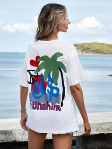 Cottnline Tropical And Letter Graphic Drop Shoulder Tee - أبيض - مشاهدة 4