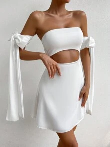 SHEIN Allurite 一字肩鏤空後綁帶蝴蝶結連衣裙