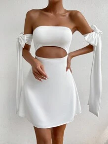 SHEIN Allurite 一字肩鏤空後綁帶蝴蝶結連衣裙