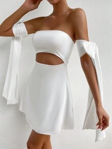 SHEIN Allurite 一字肩鏤空後綁帶蝴蝶結連衣裙