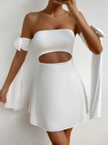 SHEIN Allurite 一字肩鏤空後綁帶蝴蝶結連衣裙