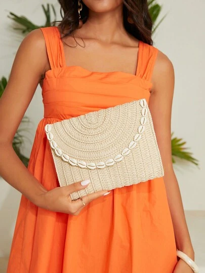 SHEIN VCAY 貝殼裝飾翻蓋草編包