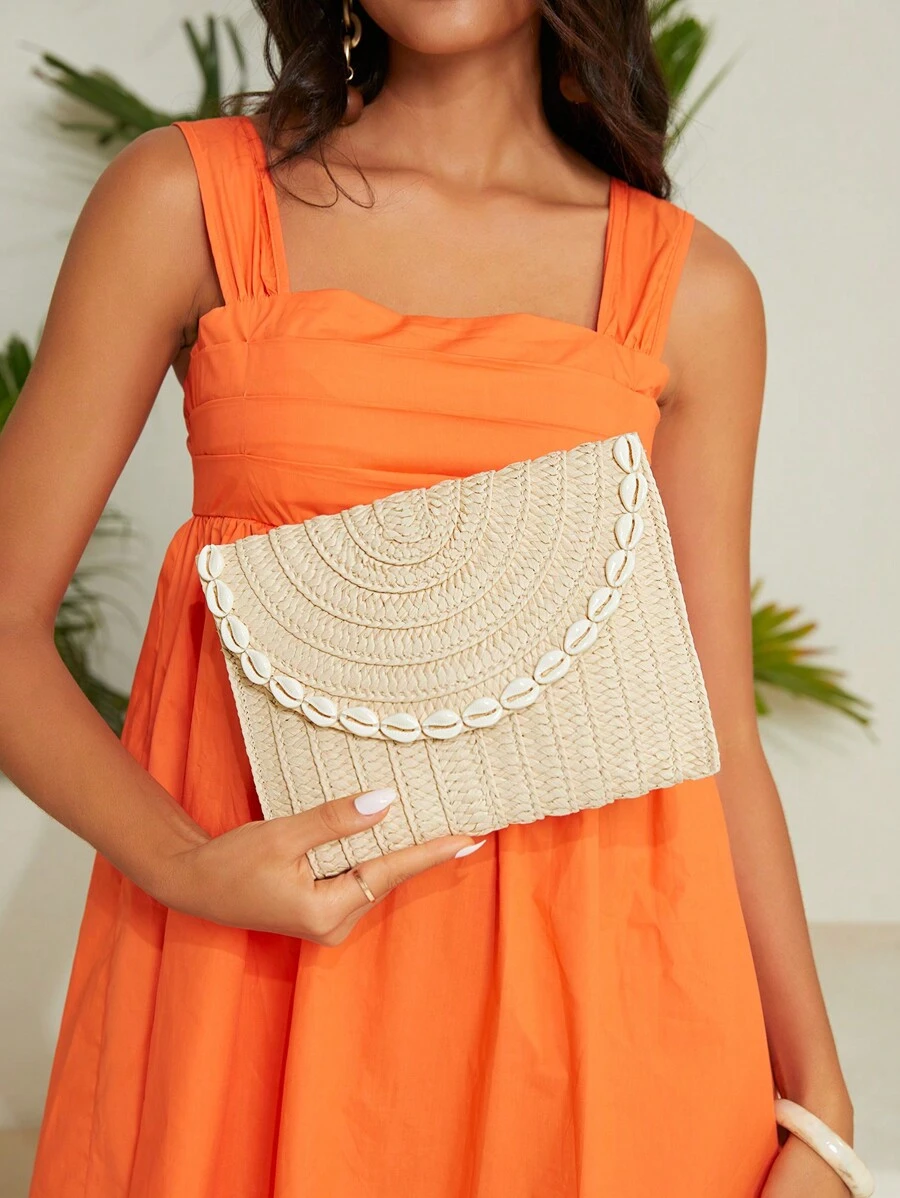 SHEIN VCAY 貝殼裝飾翻蓋草編包 - 米色 - 查看 1