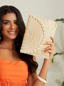 SHEIN VCAY 貝殼裝飾翻蓋草編包 - 米色 - 查看 2