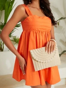 SHEIN VCAY 貝殼裝飾翻蓋草編包 - 米色 - 查看 3