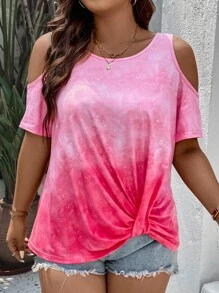 SHEIN Clasi 大碼漸變圖案挖肩扭結下擺T恤 - 粉色 - 查看 1