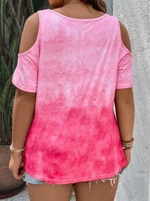 SHEIN Clasi 大碼漸變圖案挖肩扭結下擺T恤 - 粉色 - 查看 2