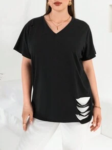 RueChic Plus Solid Ripped V Neck Tee - Black - View 1
