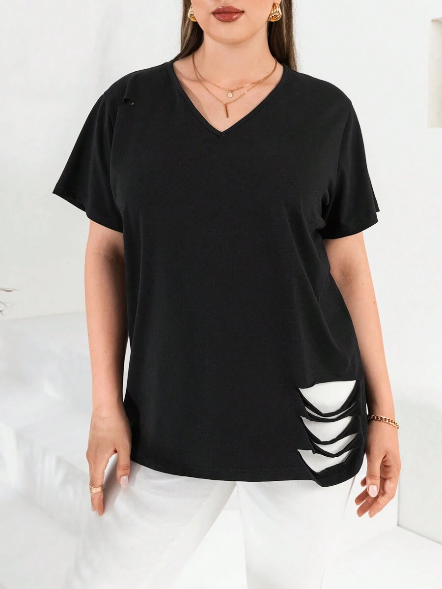 RueChic Plus Solid Ripped V Neck Tee - Black - View 1