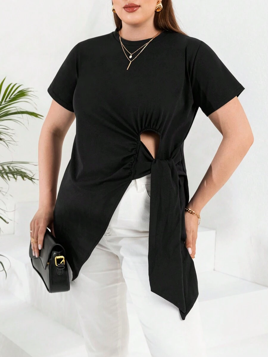 RueChic Plus Cut Out Knot Side Asymmetrical Hem Tee - Black - View 1
