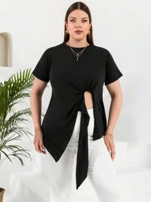 RueChic Plus Cut Out Knot Side Asymmetrical Hem Tee - Black - View 3