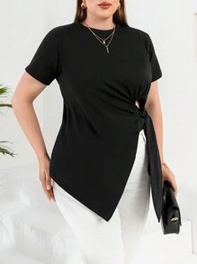 RueChic Plus Cut Out Knot Side Asymmetrical Hem Tee - Black - View 4
