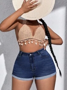 Plus High Waist Roll Up Hem Denim Shorts - Dark Wash - View 4