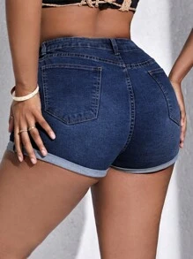 Plus High Waist Roll Up Hem Denim Shorts - Dark Wash - View 5