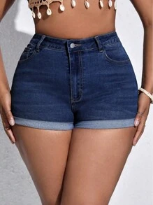 Plus High Waist Roll Up Hem Denim Shorts - Dark Wash - View 2