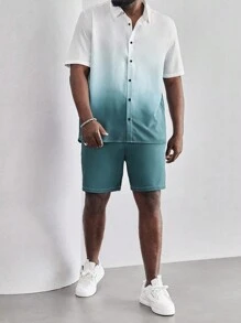 Manfinity Homme 男士大码漸層襯衫和短褲 - 白色 - 查看 1