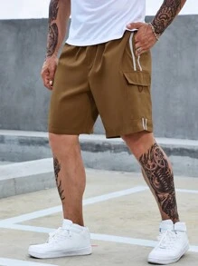 Manfinity Homme Män Plus Kontrast Band Klaff Ficka vid Sidan Dragsko i Midjan Cargo Shorts - Brun - Visa 3