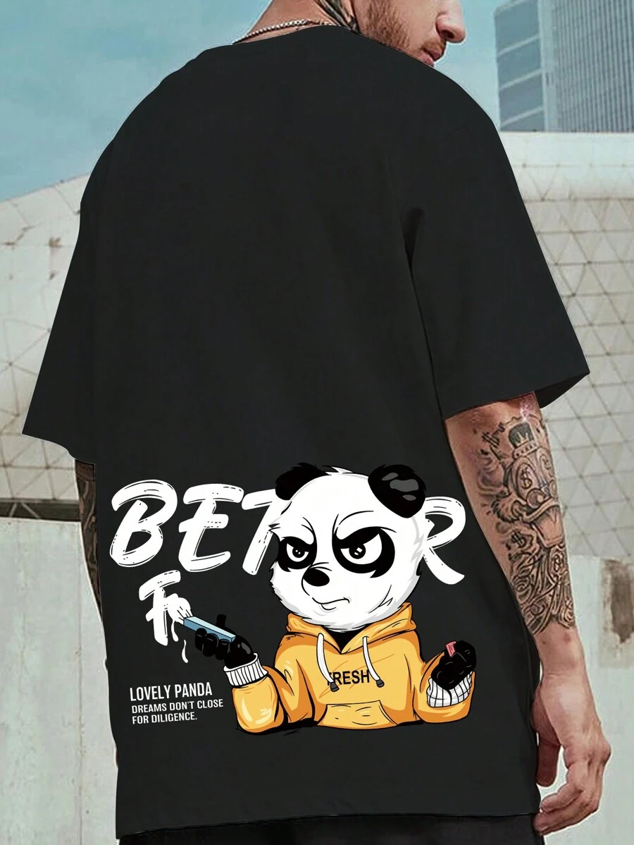 Manfinity EMRG 男士大碼卡通和字母圖案T恤 - 黑色 - 查看 1