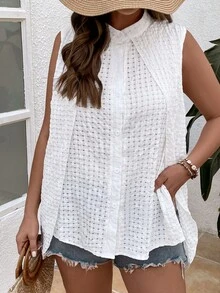 SHEIN Franclia Áo sơ mi Plus Size Nút phía trước màu trơn Giải trí - trắng - Xem 4