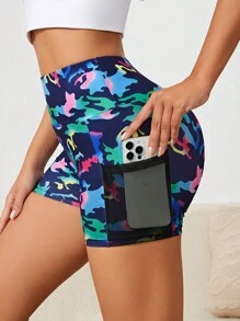 迷彩印花側邊手機口袋運動短褲 - 藍色 - 查看 1
