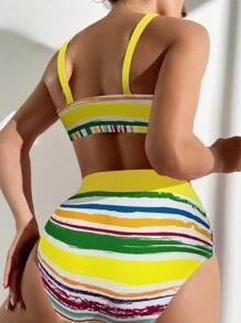 Striped Ruched High Waisted Bikini Set For Summer Beach - Multicolor - View 2
