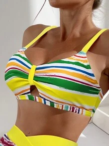Striped Ruched High Waisted Bikini Set For Summer Beach - Multicolor - View 3