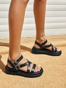 HighSole 女士搭扣裝飾坡跟優雅戶外踝帶平底涼鞋 - 黑色 - 查看 4