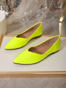 Women Point Toe Ballet Flats, Funky Outdoor Neon Green Flat Shoes - Mustard Yellow - View 2