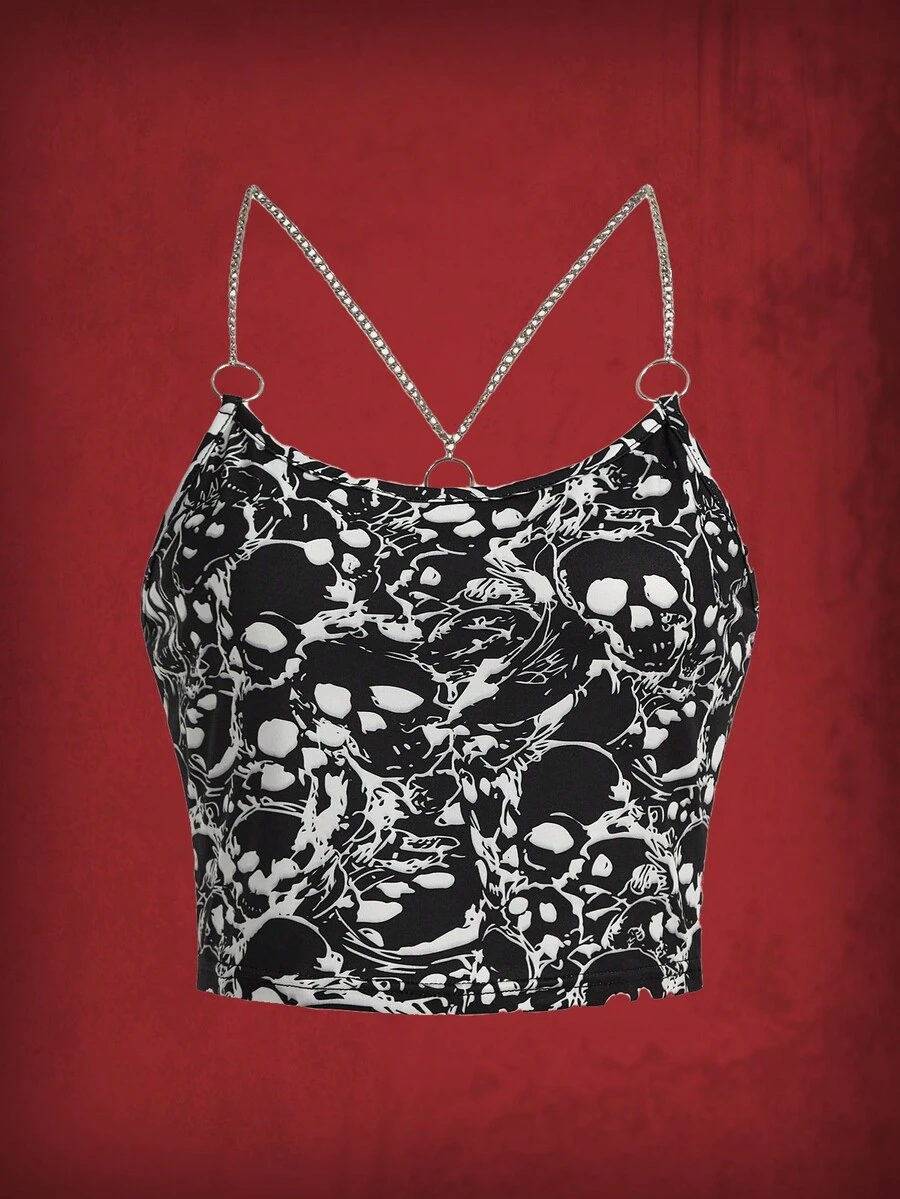ROMWE Grunge Punk Skull Print Chain Detail Cami Top - Black - View 1